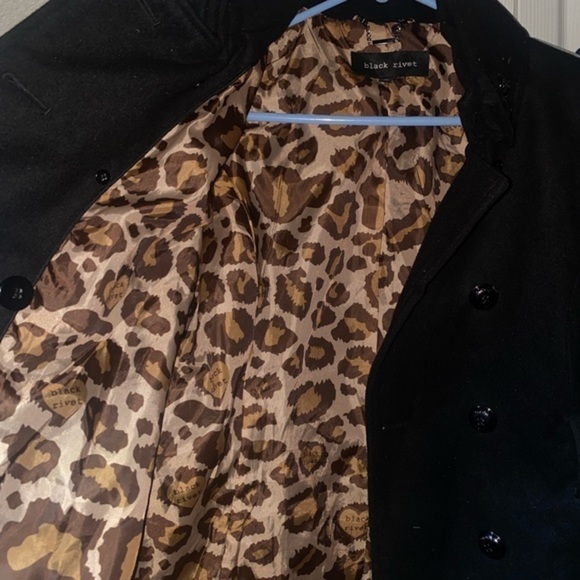Black Rivet pea coat, black with animal print lining​ - Picture 9 of 9